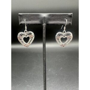 Sterling Silver 925 SU Filigree Open Heart Drop Earrings Diamond Cut Dangle